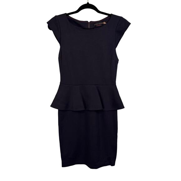 Alice + Olivia Sheath Mini Dress 8 Navy Blue Knit Peplum Employed Cap Sleeves - Picture 1 of 8